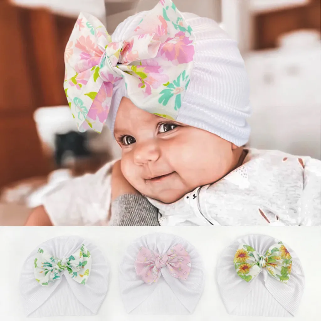 Flower Print Baby Beanies Bohemian Double Layers Folded Knotted Turban Hats Newborn Photography Props Fashion Kids Headwraps