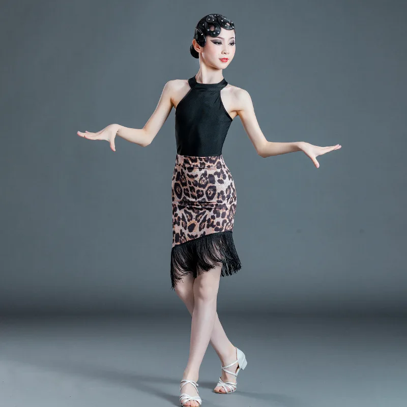 Nueva falda de baile latino para niñas, vestido de baile latino con borla, vestido de baile de Salsa, falda de Tango de salón de baile de leopardo negro