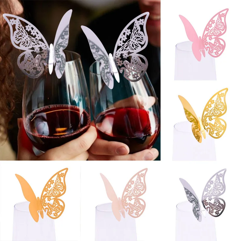 Laser Cut Butterfly Paper Place Card, Wine Glass Cup Cartões de Nome, Wedding Party Home Decoração, Ouro e Prata, 7, 50Pcs