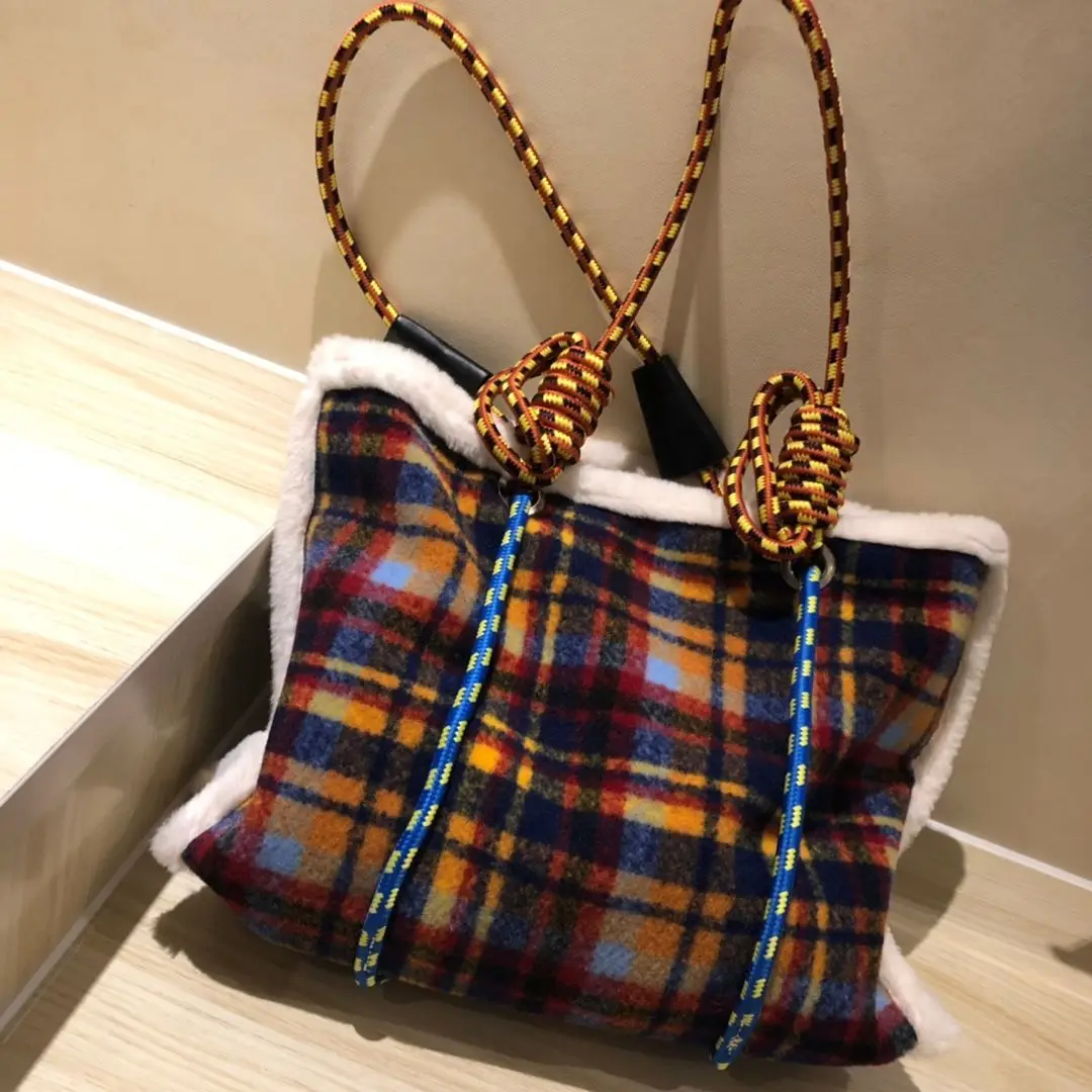 Women Bag Autumn Winter Designer Wool Vintage Plaid Casual Tote Bag Shoulder Bags Handbags Zipper SOFT High-Capacity Women Bag