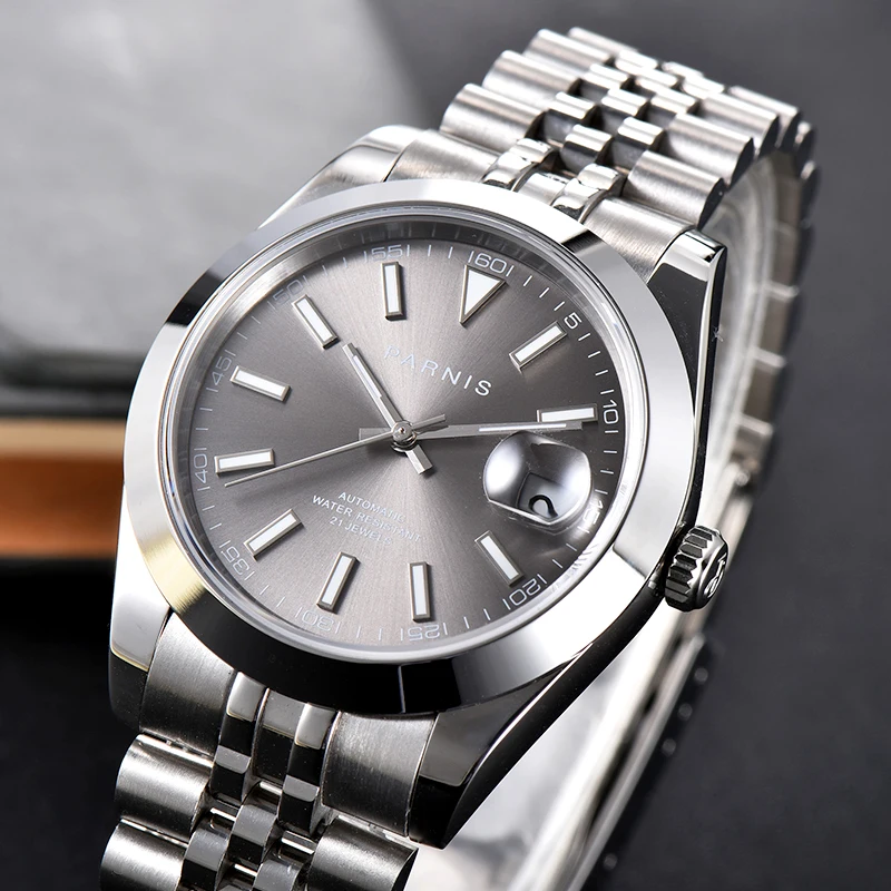 Imagem -02 - Parnis Masculino Relógio de Estilo Negócios Cinza Dial Safira Cristal Jubileu Pulseira Miyota Mingzhu Movimento