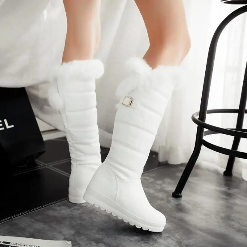 

2019 Winter Autumn New Feathers Knight Knee Boots Women Fashion Slip-On Height Increasing shoes Snow boots big size 30-42