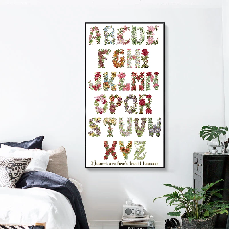 Flowers English Alphabet Cross Stitch Kit 14ct 11ct Count Print Canvas Embroidery Set DIY Manual Needlework Decorative Painting