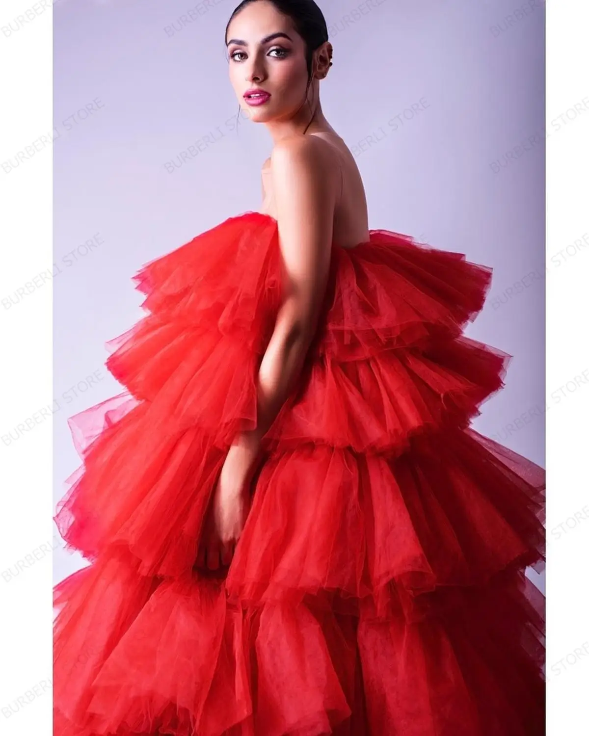 Charming Red Puffy Tulle Dresses Women Party Formal Event High Street Tiered Fluffy Tulle Dressing Gowns Custom Made