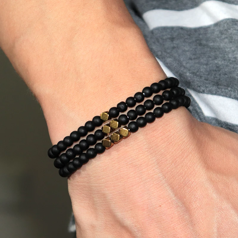 Ensemble de bracelets en pierre noire mate pour hommes, 4mm, perles de prière minimalistes, bijoux, accessoires de charme de loisirs