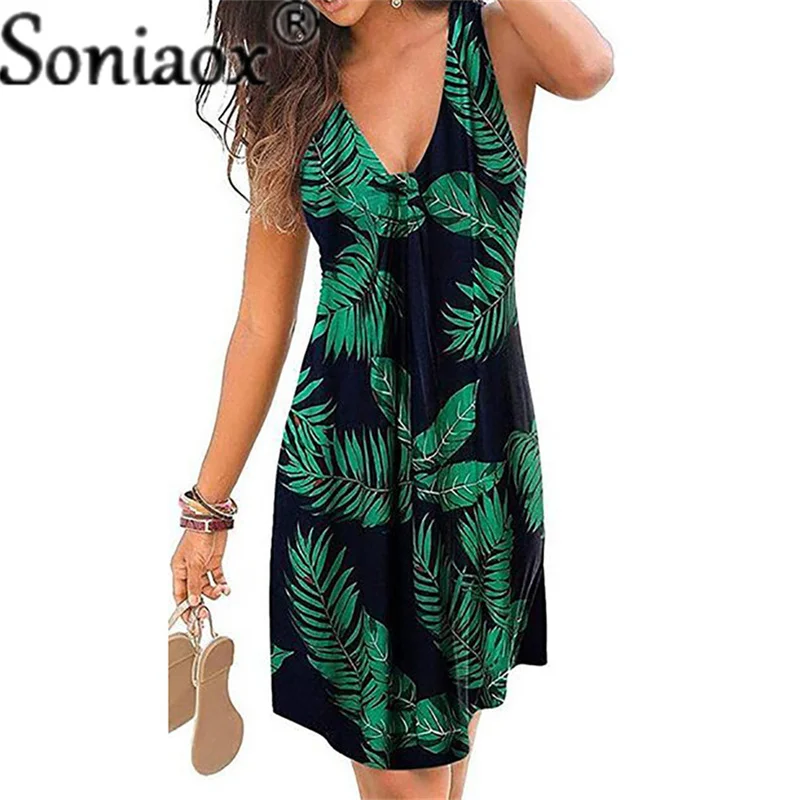 Beach Boho Print Dress 2021 New Sexy V-Neck Sleeveless Loose A-Line Dress Summer Women Casual Dresses Vestidos