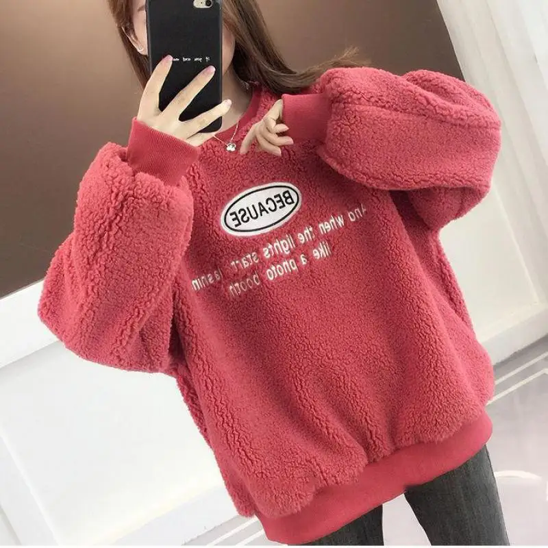 Inverno Coreano Mulheres Hoody Camisola Harajuku Bordado Letras Porque Vermelho O-pescoço Solto Mangas Compridas Moda Pullover Feminino