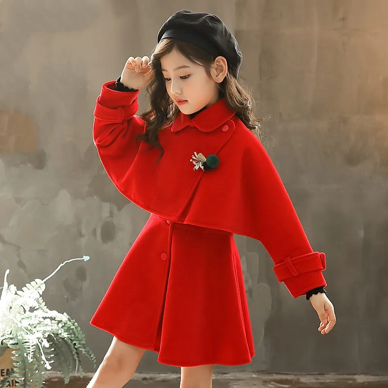 Girls Woolen Dresses Set 2 Pcs Spring Fall New Children's Princess Vest Dress + Cloak Coat Twinset Kids Cute Preppy Clothes P378