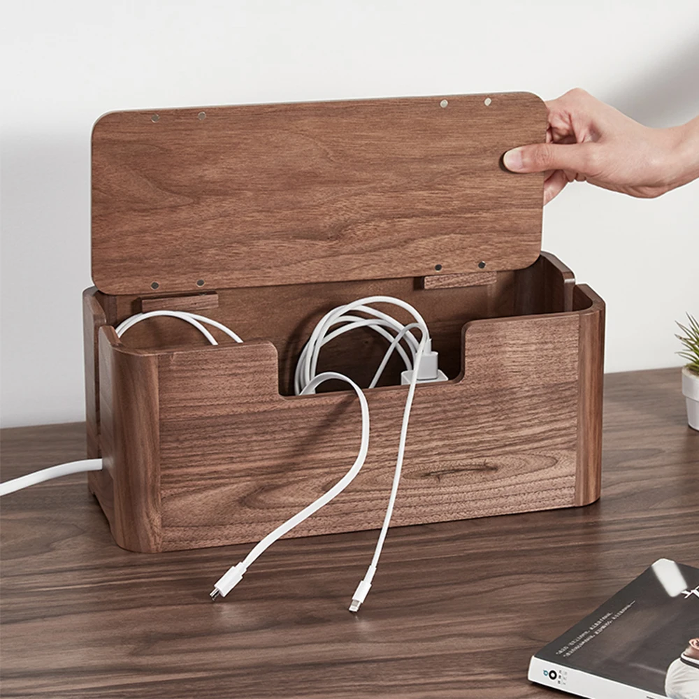 Black Walnut Wooden Wire Organizer Cable Storage Box Dustproof Junction Box Desktop Clip Holder For TV Box Organizer Shelf