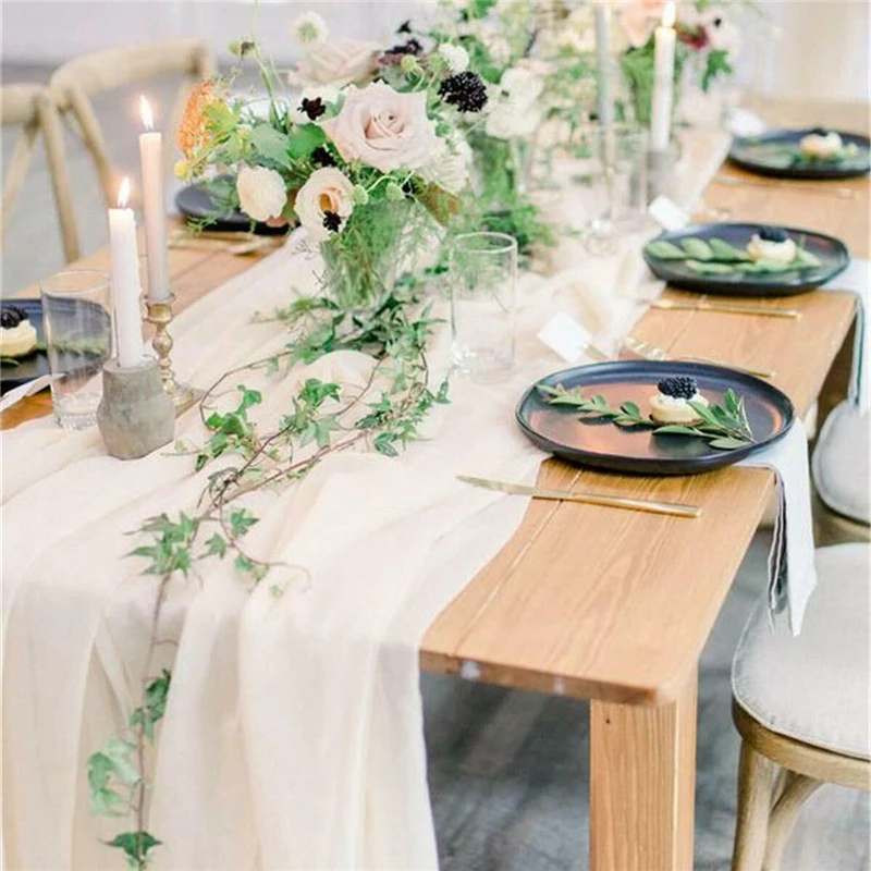 10PCS/Lot Chiffon Table Runner Wedding Sheer Gauze Dining Table Decoration Boho Wedding Engagement Party Banquet Tablecloth Rent