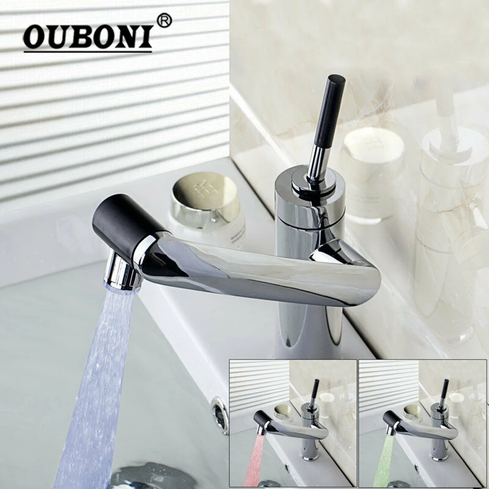 OUBONI 720 Rotated Swivel LED Light Bathroom Basin Sink Faucet All Around Rotate Single Handle Deck Mounted Tap Mixer Faucet