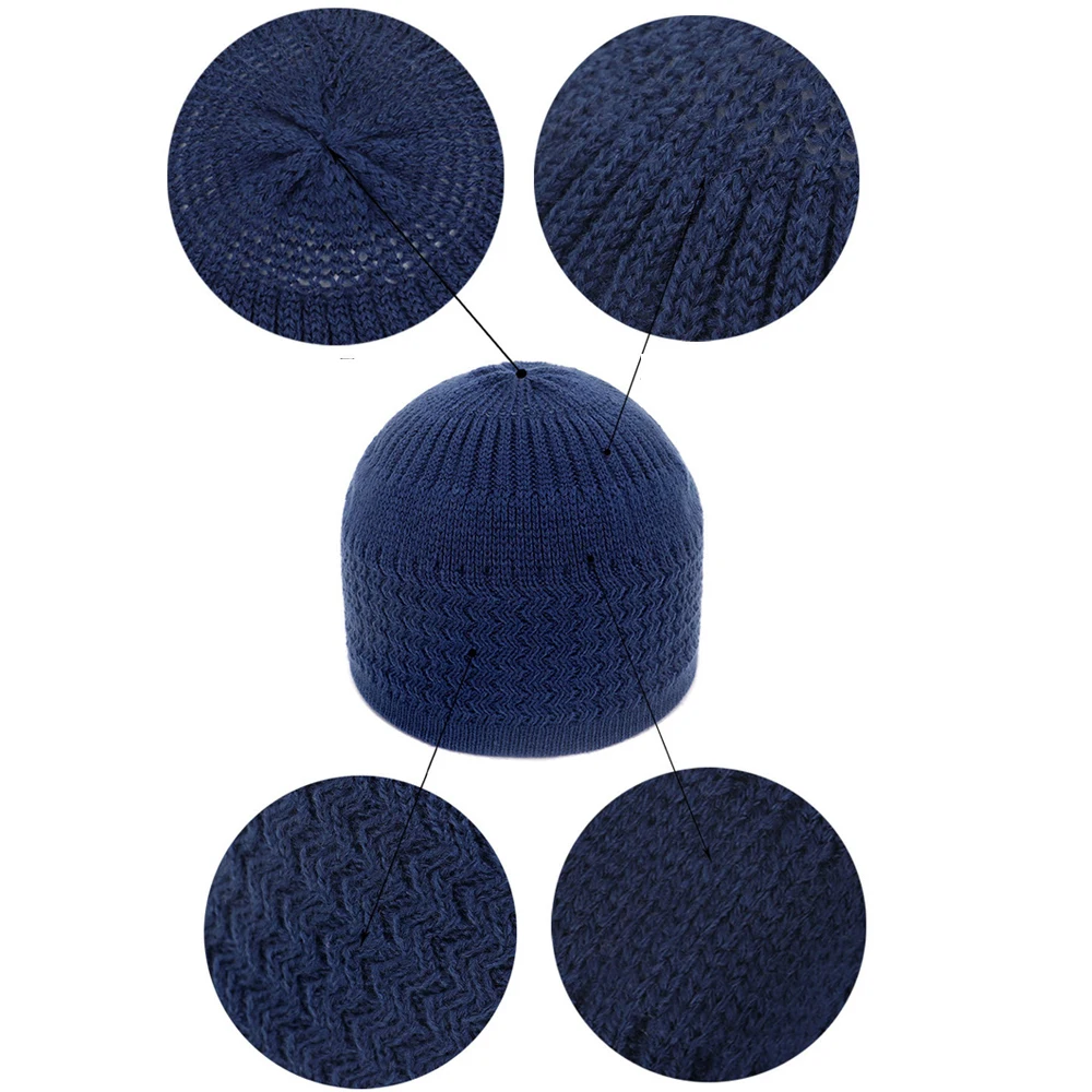 Winter Knitted Muslim Men Prayer Hats Warm Male Beanies Cap Islamic Ramadan Jewish Kippah Hat Men\'s Solid Colour Wrap Head Cap