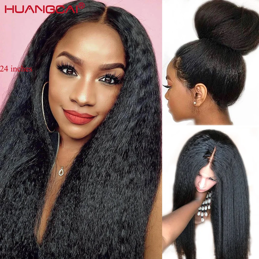 28inch Kinky Straight Middle Part Lace Wig 180% Density Brazilian Human Hair Pre Plucked With Baby Hair Remy Glueless For Women