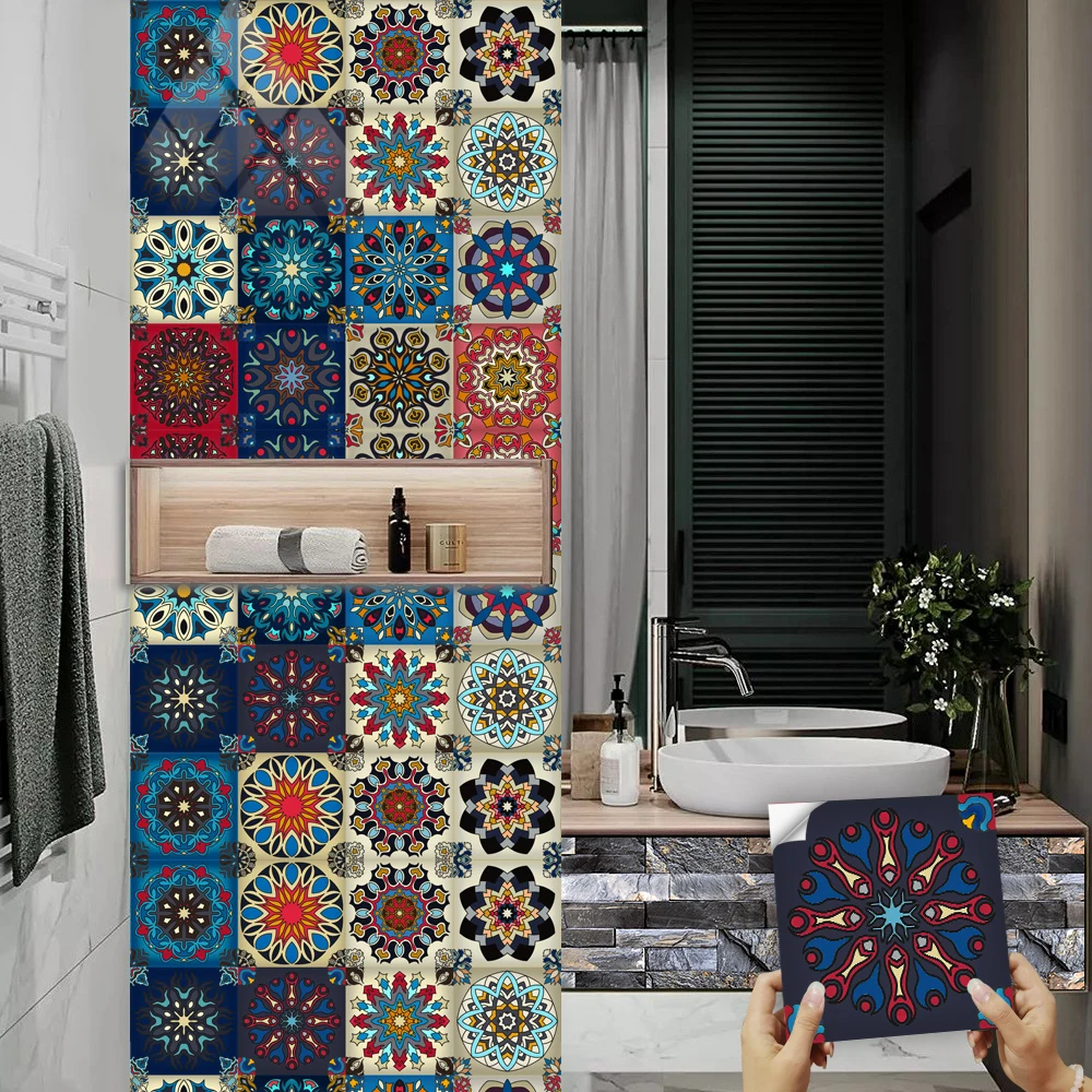 16pcs Mandala Style Tiles Kitchen Oil-poof & Waterproof Sticker Cupboard Bathroom Home Renovation Peel & Stick Art Wallpaper