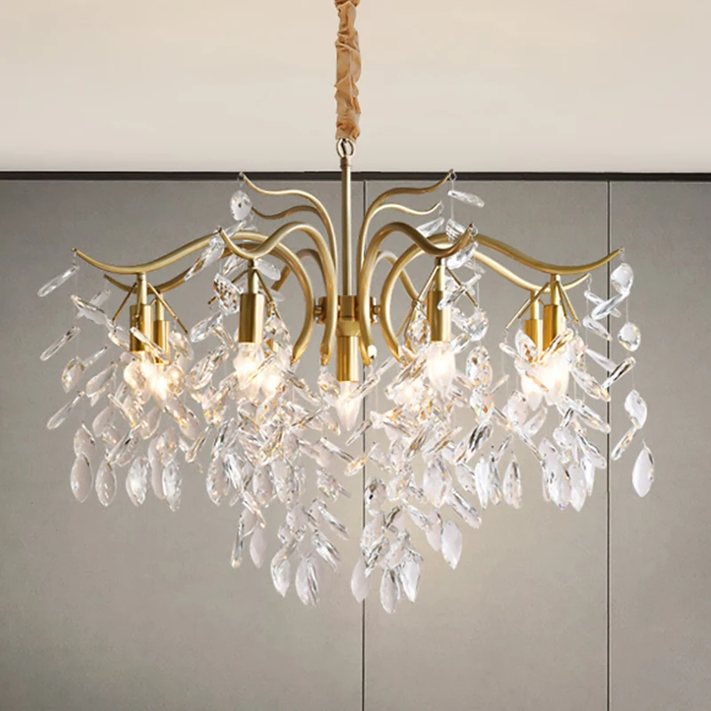 

GPD luxury crystal chandeliers vintage leave shape chandelier lighting for home brass gold chain hanglamp living room led lamp