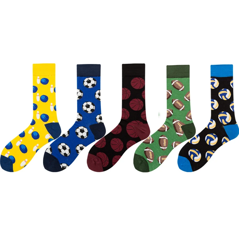 Uomini colorati pallacanestro calcio Rugby Tennis calcio Bowling sport palla modello calzini da sposa felici divertente cotone Crew Homme Sox