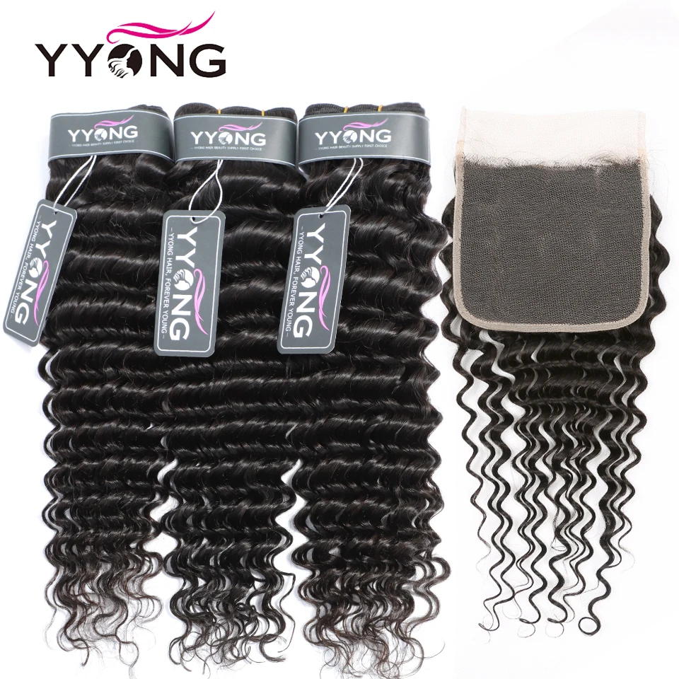 Yyong 5x5 Closure With Bundles Brazilian Hair Weave Deep Wave Bundles With Closure Remy Human Hair 3/4 Bundles With Closure