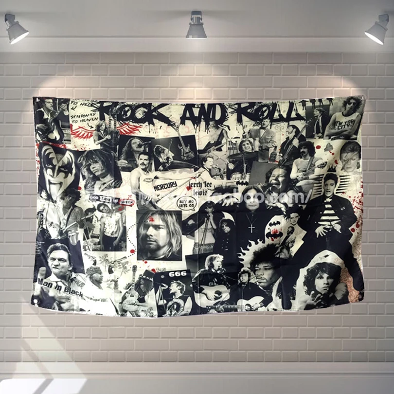 

"ROCK AND ROLL" Rock Band Hanging Art Waterproof Hanging cloth Polyester Fabric Canvas painting Flag banner Bar Cafe Hotel Decor