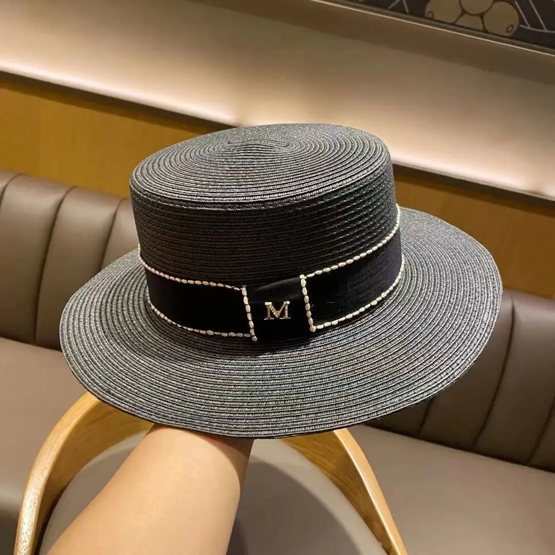 Summer Women\'s Boater Beach Hat Wide Side Female Casual Panama Hat Lady Classic Flat Bowknot Straw Sun Hat Women Fedora Letter M