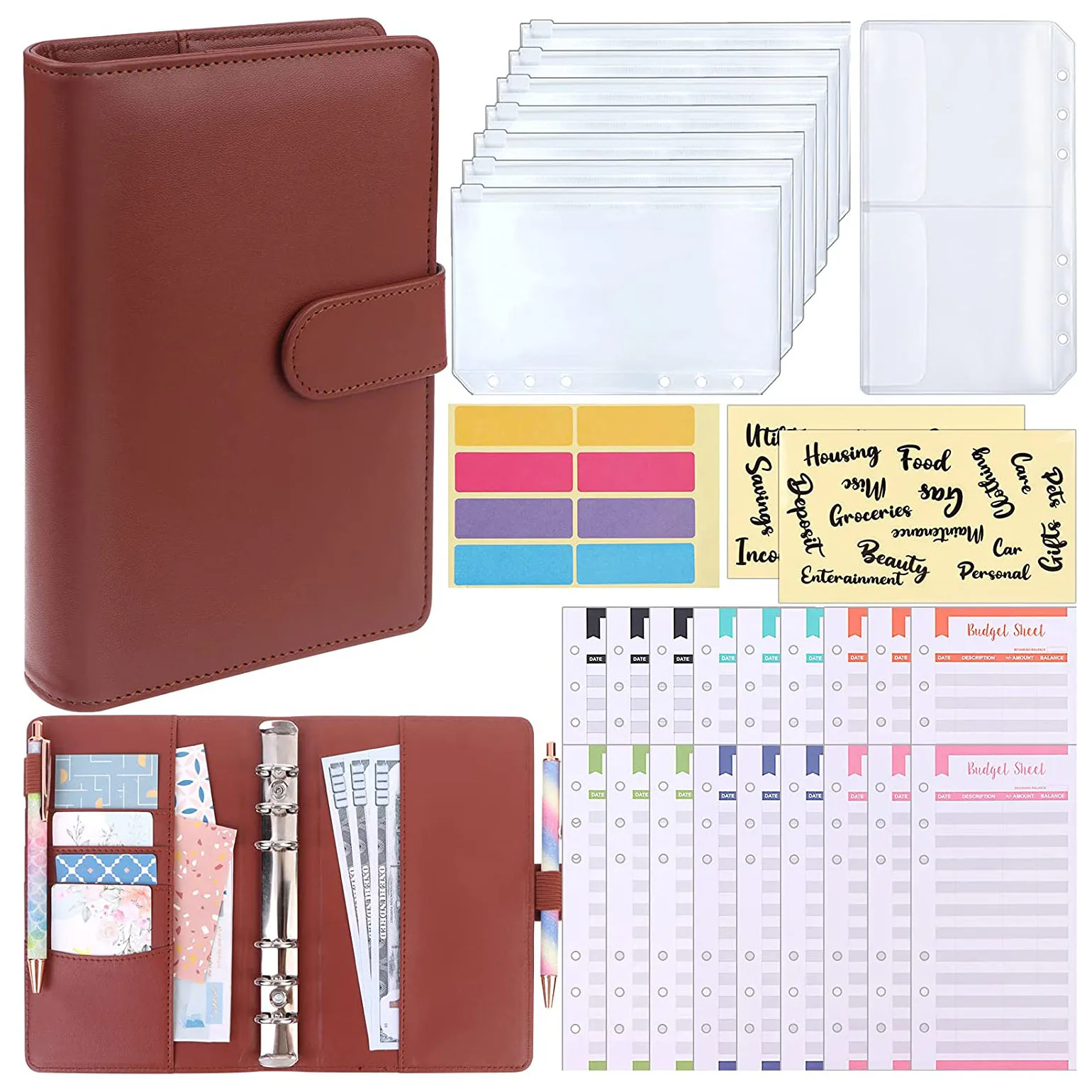 A6 Binder Cash Envelopes System Budget Planner Organizer ,12 Expense Budget Sheets, 8 Zipper Binder Pockets, for Saving Money