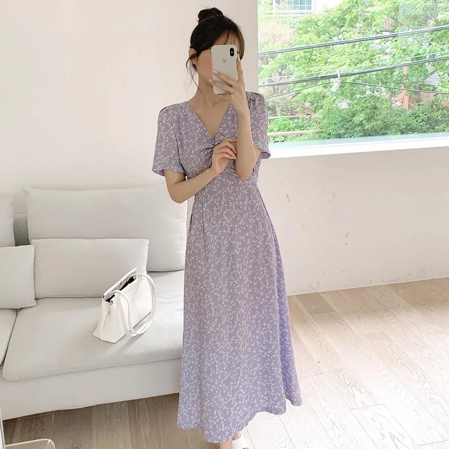 2021 Mới In Hoa Mùa Hè Chiều Dài Đầm Vintage Oversize Nữ Tay Ngắn Đi Biển Nữ Áo Dây Đầm Vestido Hứa