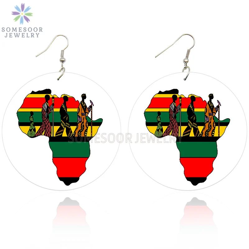 SOMESOOR Printed United Africa Countries Flags Wooden Drop Earrings Afro Black Rock Hiphop Wood Dangle For Women Christmas Gift