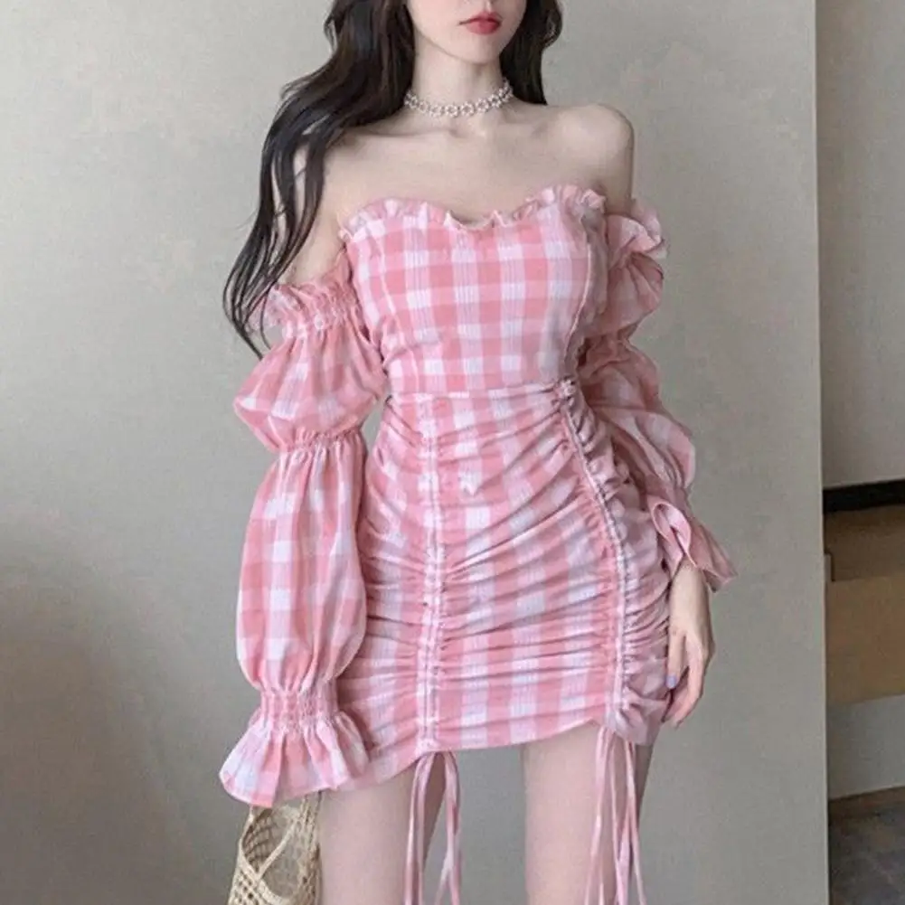 Women Dress Fashion Sexy Off Shoulder Long Puff Sleeve Plaid Drawstring Bodycon Strapless Mini Dresses Set