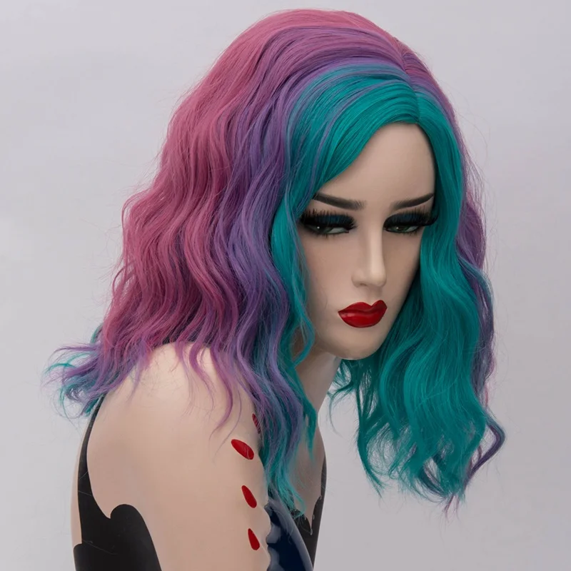 MSIWIGS Short Cosplay Synthetic Wigs for Women Rainbow Highlights Color Wavy Wigs Side Central Hairline Cos Rose Net Ombre Hair