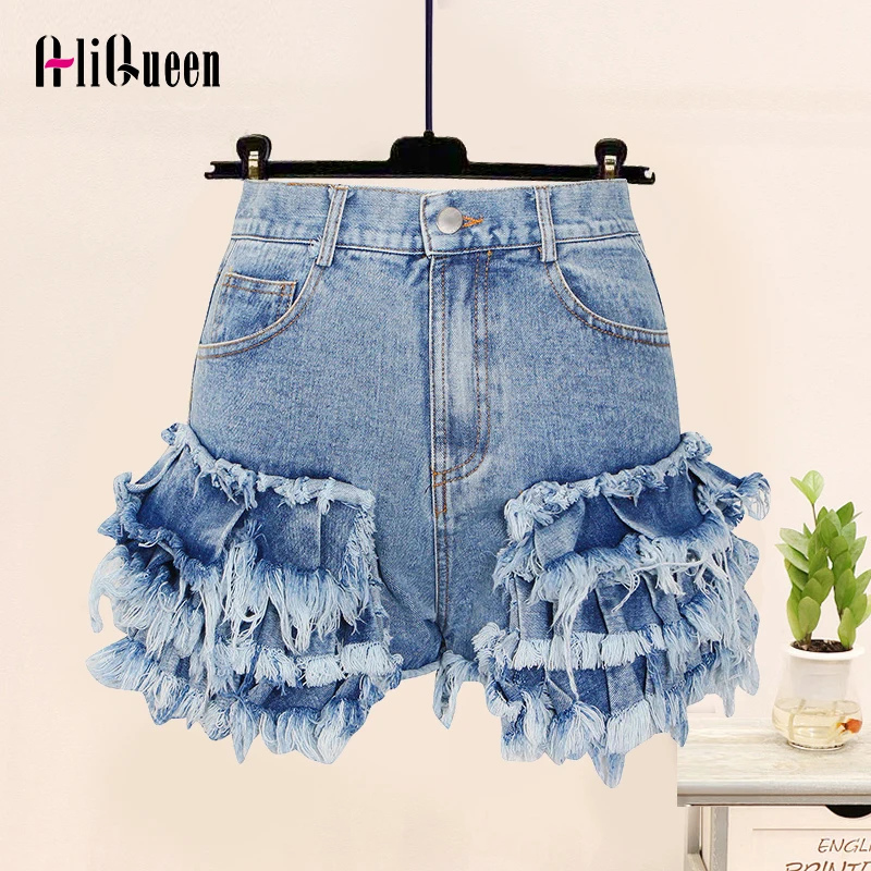 

Denim Shorts for Women High Waist Patchwork Tassels Asymmetric Blue Casual Short Pants Female 2023 Summer Jean Shorts Hotpants