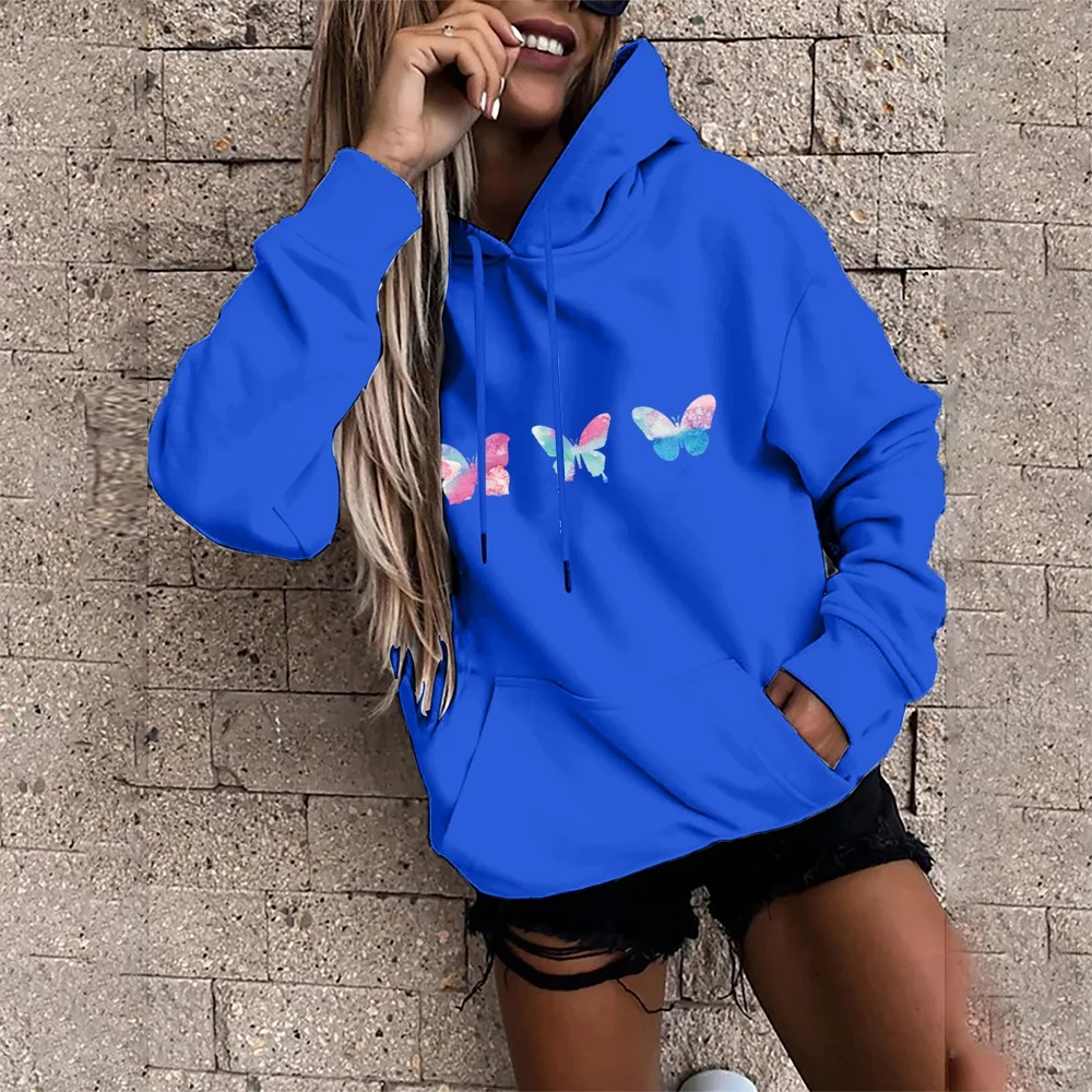 Hoodie feminino camisola de manga comprida harajuku pulôver simples borboleta impressão solta bolso oversized hoodies menina estudante