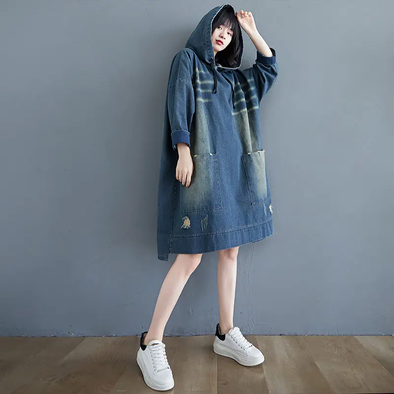 Women's Autumn Retro Hole Denim Dress Female Mid-Length Casual Pocket Hooded Dress Vintage Jeans Shirt Tunic Top y1571