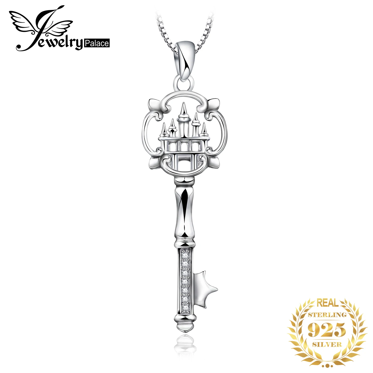 JewelryPalace Castle Key Crown 925 Sterling Silver Pendant Necklace Cubic Zirconia Simulated Diamond Pendant for Women No Chain