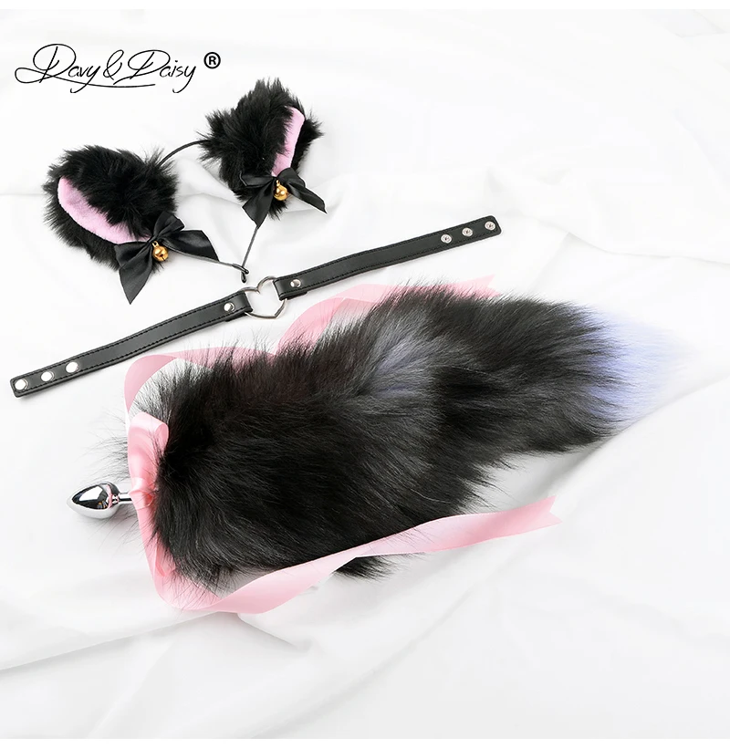 DAVYDAISY Cute 3 Pieces Anal Plug Set Choker Cat Ears Fox Tail Butt Plug Anal Toy Butt Toy Tail Plug Cosplay Adult Toy AC120