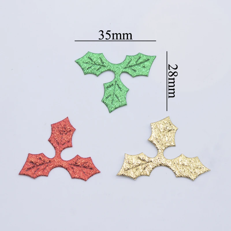 100Pcs 35*28mm Gold and Silver Cloth Applique Holly Leaves Patches for DIY Hats Crafts Sewing Fabric Christmas Decor Accessories