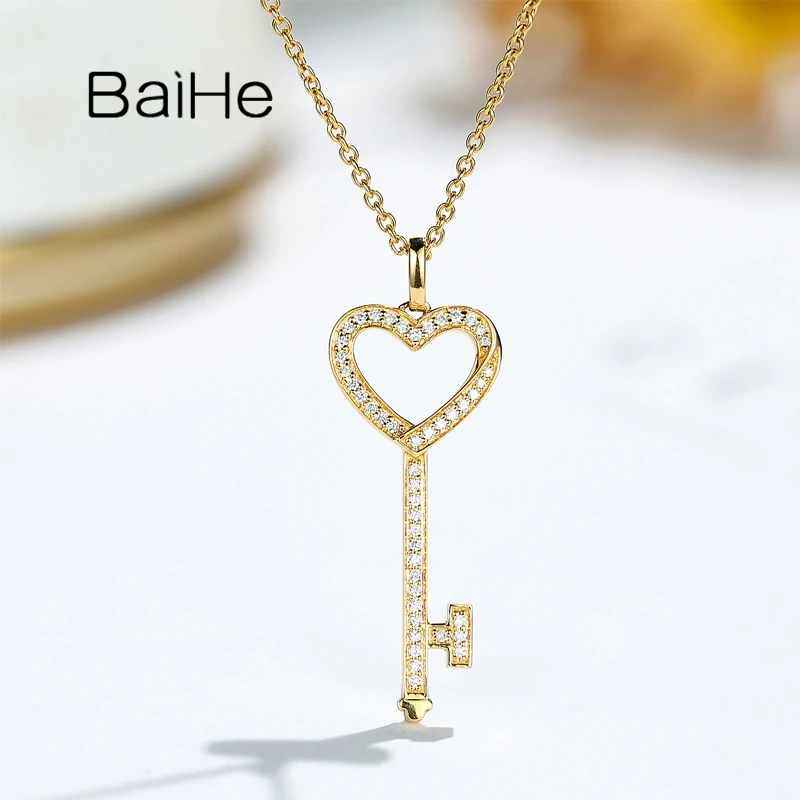 BAIHE-Colgante con forma de corazón para mujer, llave de diamante Natural de 18K, color blanco/amarillo/oro rosa, fabricación de joyería fina