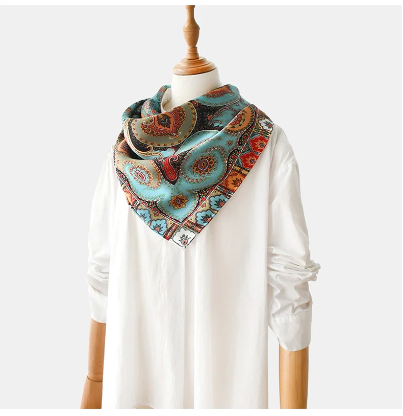 Peacock Blue Natural Satin Silk Scarf 110cm Big Square Bandana Printed 100% Pure Silk Scarves Women Luxury Shawl Gift for Lady