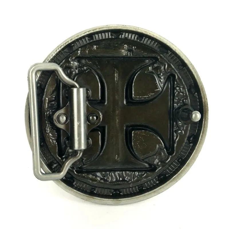 Cinturón de moda para hombres, cinturones negros de piel sintética para Jeans con logotipo de medalla cruzada de hierro alemán, hebilla de cinturón de vaquero redonda de aleación de Zinc