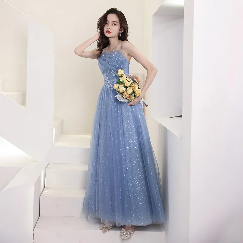 Grace Mesh Floor-length Princess Dress Spaghetti Strap Gown Women Tunic Lace Up Banquet Vestidos De Festa Formal Party Dress