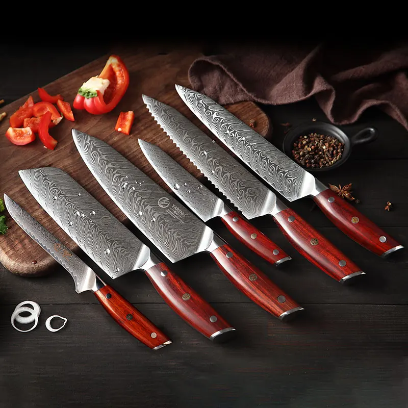 

YARENH Kitchen Knife Set 6 Pcs Professional Damascus Stainless Steel Santoku Chef Sushi Bread Boning Utility Cooking Knives Sets