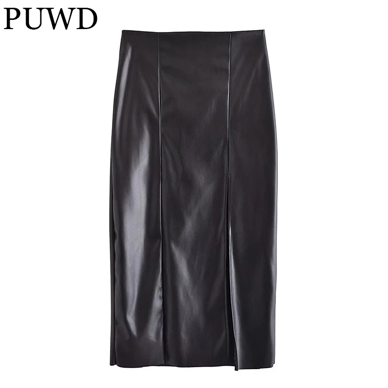 

PUWD Retro Women Imitation Leather Split Straight Skirt 2021 Autumn/Winter High Waist Street Solid Casual Sexy Slim Female Skirt