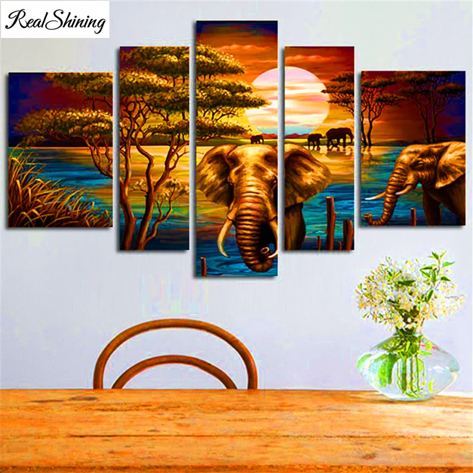 

5 Panel diamond painting full Square Round Diamond mosaic,Sunset Elephant Tree Diamond Embroidery Cuadros Decoracion T604