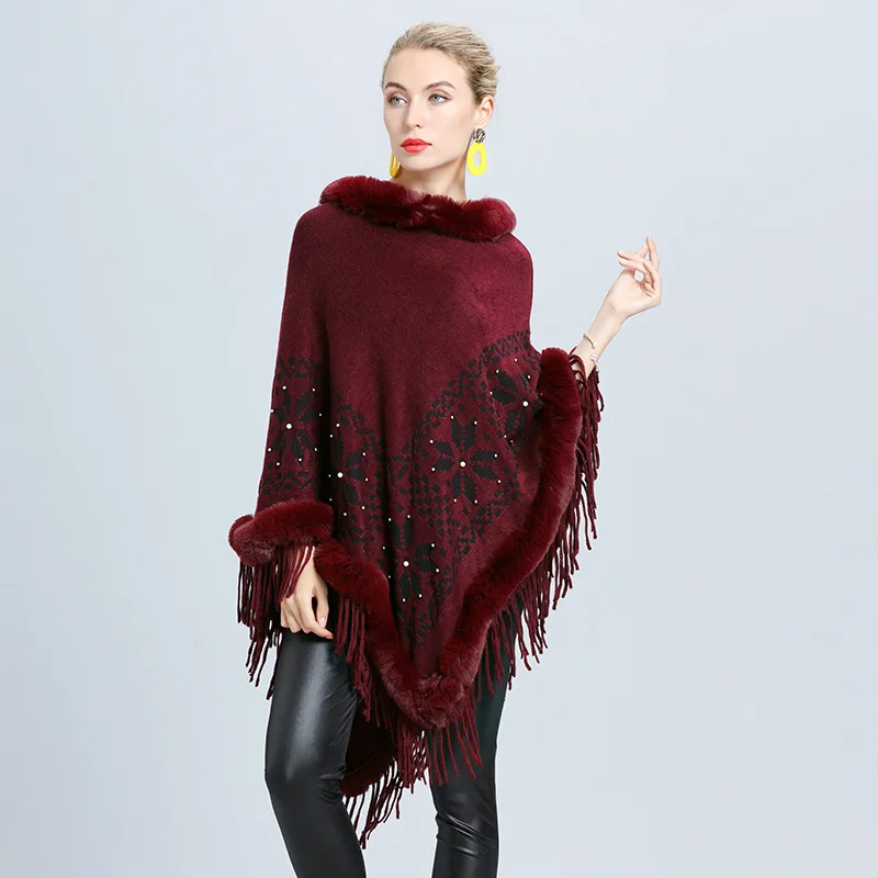 6 Color Fur Neck Warm Beading Floral Coat Overize Triangle Knitted Poncho Women Cape Big Pendulum Jacquard Weave Tassel Pullover