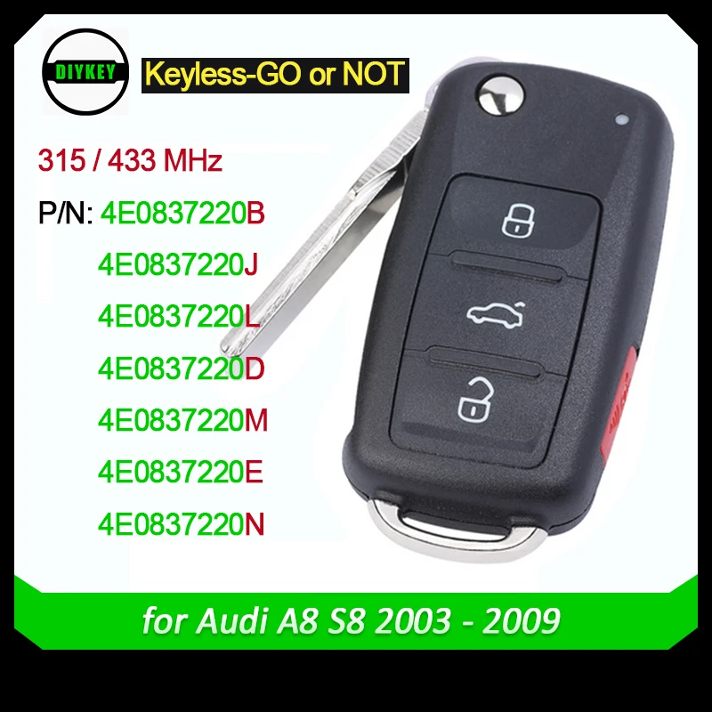 DIYKEY per Audi A8 S8 2003 2004 2005 2006 2007 2008 2009 telecomando portachiavi 4E0837220B/J/L/D/M/E/N ID46 Chip 315MHz / 433MHz chiedere