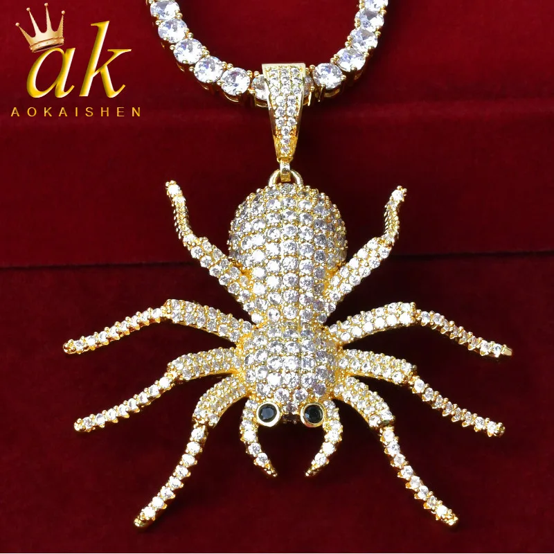 Aokaishen Animal Spider Shaped Pendant Necklace 24K Real Gold Color Plated Hip Hop Rock Jewelry