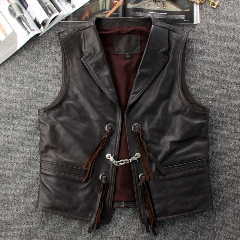 Real Genuine Leather Vest Men Motorcycle Biker Cowhide Waistcoat Suit Collar Sleeveless Jacket Metal Chain Punk Leather Coat