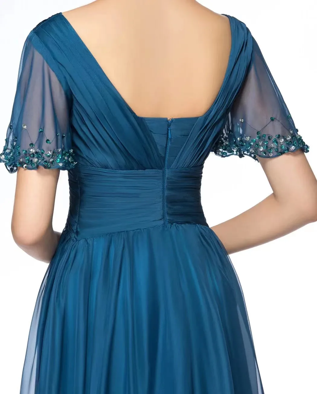 Vestidos para madre de la novia, traje de gasa fruncida de cintura alta con cuello en V profundo, longitud completa, color azul