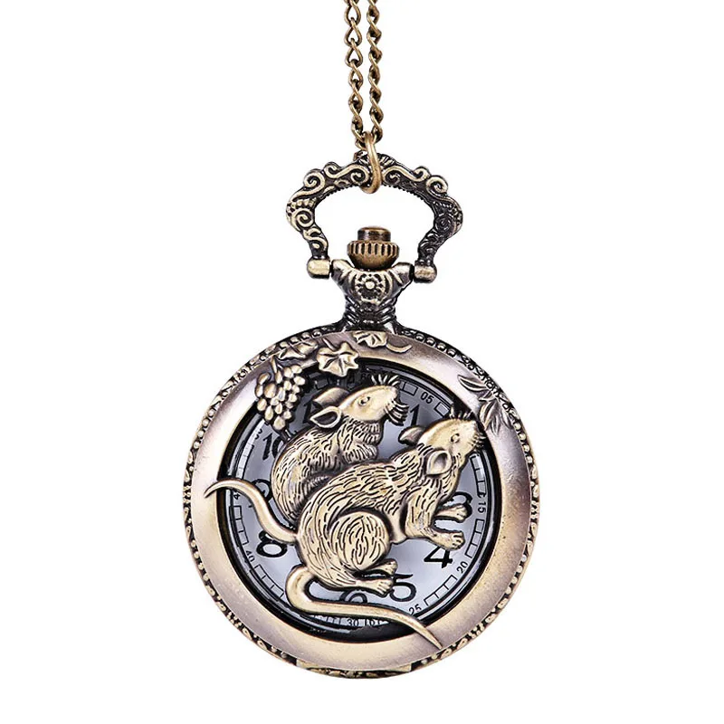 Large classic bronze hollow embossed two mouse pocket watches Hot stealing mice beautifully carved pocket watches