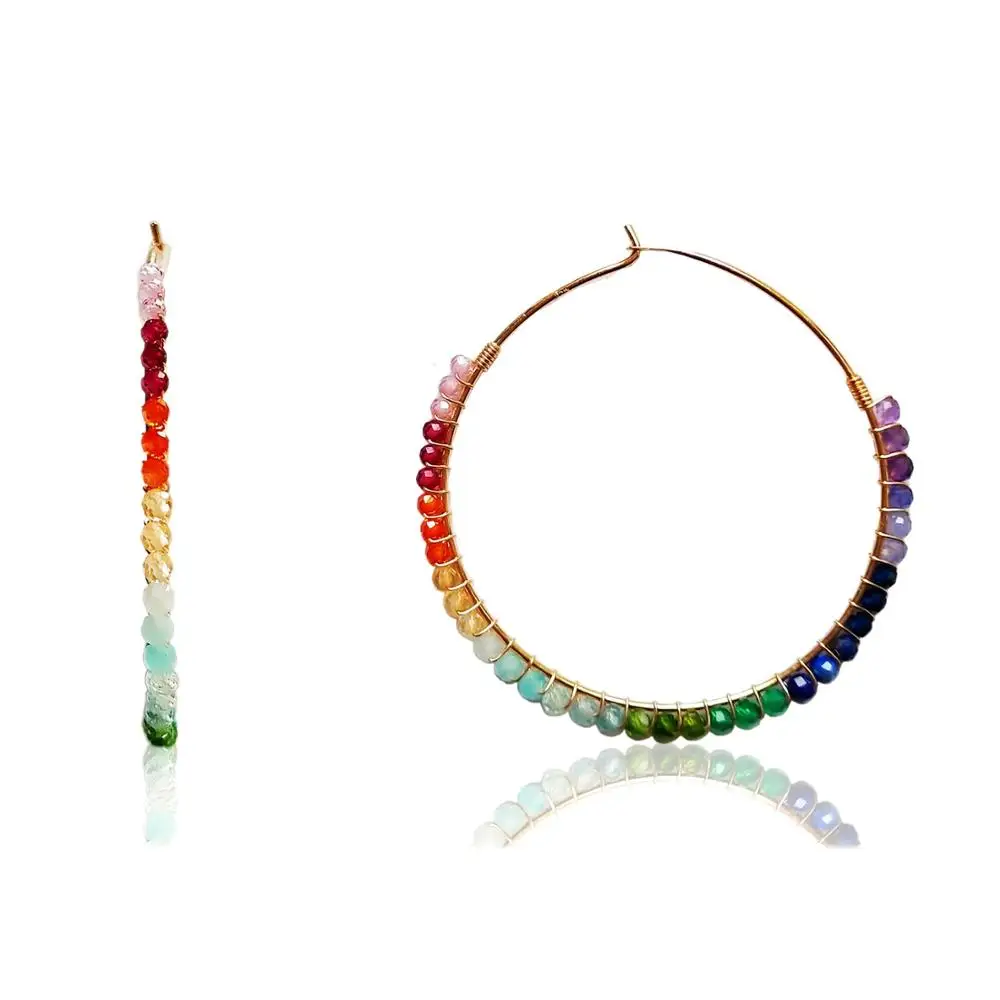 Lii Ji Rainbow Stone 925 Sterling Silver 18K Gold Color Big Hoop Earrings Tiny Small Stone Beaded Earrings For Women Girls Gift