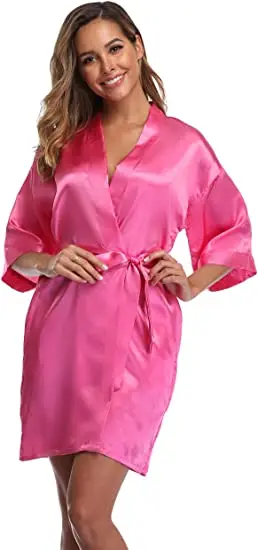 Mulheres Liso Cetim Robes, curto quimono Roupão, Simplicidade Pijama, Wedding Party Robe, Hot Pink Champagne Prata, S-XXL