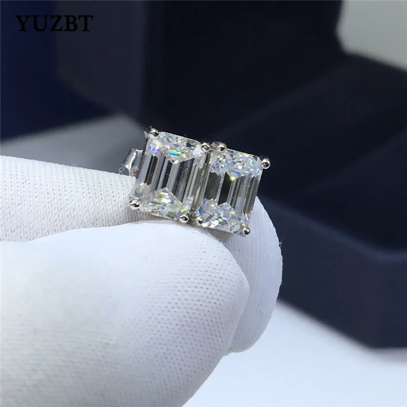 YUZBT 10K White Gold PT950 Platinum Total 2-4 ct Emerald Cut Diamond Tester Past D Color Moissanite Stud Earrings for Female